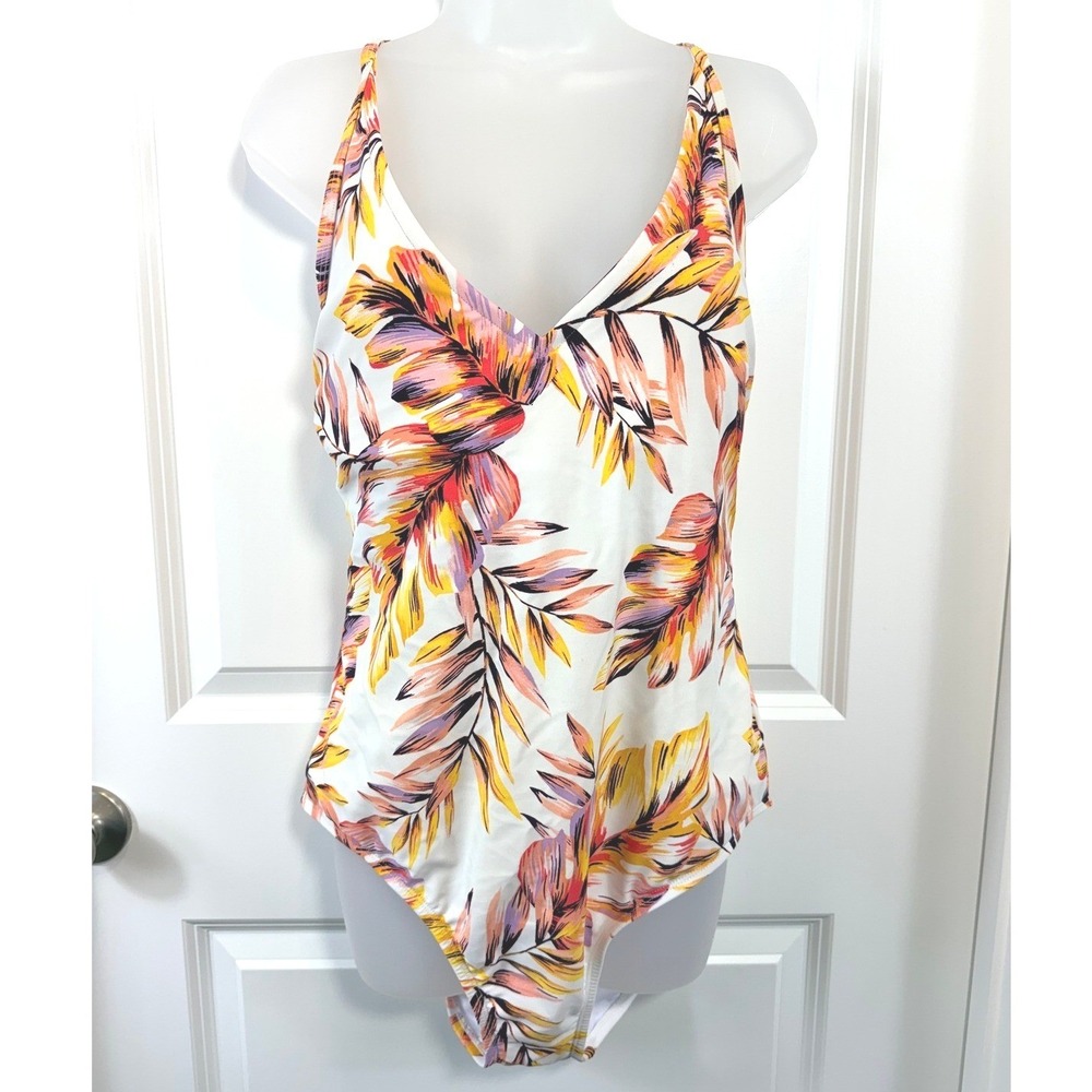Kona Sol Womens XL Tropical Palm‎ Leaf Swimsuit Orange Resort Vacation Beach